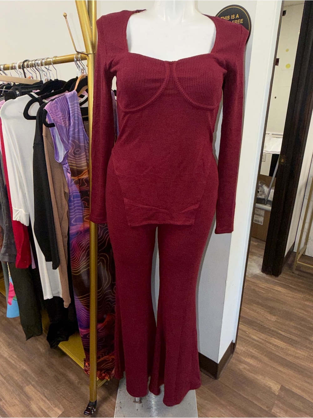 Fashion Nova Burgundy Ribbed Long-Sleeve Jumpsuit with Flare Legs